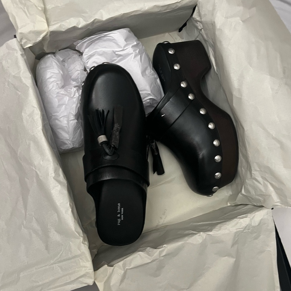 Rag & Bone Johannes Clog - Black Leather Platform Clogs with Tassels